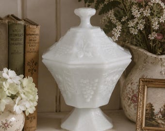 Vintage Anchor Hocking White Milk Glass Lidded Pedestal Candy Dish | Grape Pattern Covered Compote | Farmhouse Cottagecore Decor