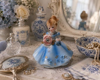 Vintage Josef Originals April Birthstone Girl Figurine – Blue Dress with Diamond Rose – Mid Century Ceramic Collectible