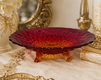 Vintage Fenton Amberlina Hobnail Footed Bon Bon Dish | Ruby Red to Amber Art Glass Bowl | Mid-Century Candy Dish | 7” Pedestal Display Bowl