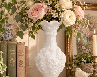 Vintage Imperial Glass Loganberry Milk Glass Vase 10” | White Grape & Leaf Embossed Vase | Ruffled Rim Cottagecore Romantic Decor