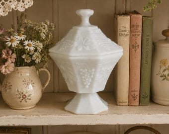Vintage Anchor Hocking White Milk Glass Lidded Pedestal Candy Dish | Grape Pattern Covered Compote | Farmhouse Cottagecore Decor