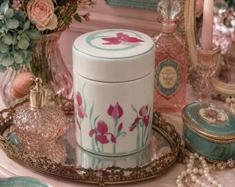 Vintage Floral Lidded Porcelain Trinket Box | Iris Design Vanity Jar | Cottage Garden Decor | Jewelry Storage | Feminine Vanity Accent