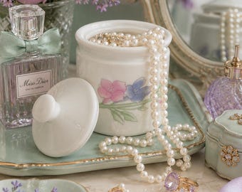 Vintage Floral Porcelain Vanity Jar with Lid | Cottagecore Vanity Decor | Romantic Pink & Lavender Trinket Storage | Shabby Chic Bathroom De