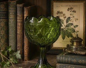 Indiana Glass Avocado Green Pedestal Compote | Vintage Scalloped Candy Dish | Footed Glass Bowl | Mid Century Centerpiece