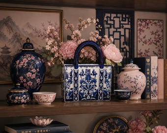 Vintage Blue & White Porcelain Purse Vase | Large Chinoiserie Handbag Planter | Asian Inspired Floral Cachepot | Statement Shelf Decor