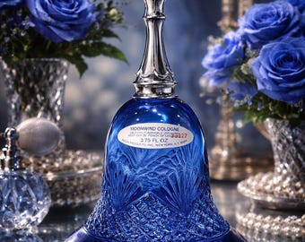 Vintage Avon Moonwind Cologne Bottle Blue Glass Bell 7” | Cobalt Cut Glass Perfume Bottle | Vanity Decor Collectible