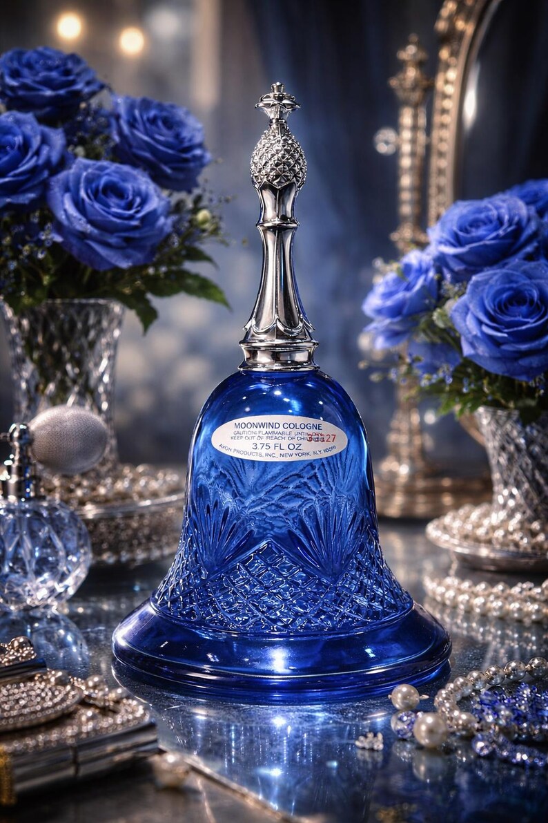 May include: A cobalt blue cologne bottle with a silver pineapple-shaped stopper. The bottle is bell-shaped with a cut-glass design and the text "MOONWIND COLOGNE" and "3.75 FL OZ". Blue roses and a perfume bottle are in the background.