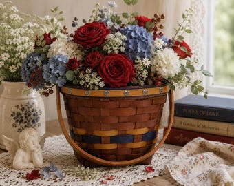 Handmade Woven Basket with Wooden Swing Handle | Signed & Dated 2009 | Farmhouse Cottage Decor | Rustic Storage Basket