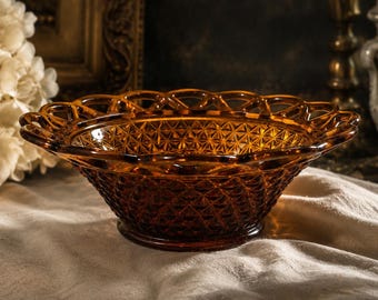 Vintage Amber Lattice Glass Bowl | Decorative Serving Bowl | Mid Century Amber Glass | Openwork Rim | Cottage, Vintage Study decor