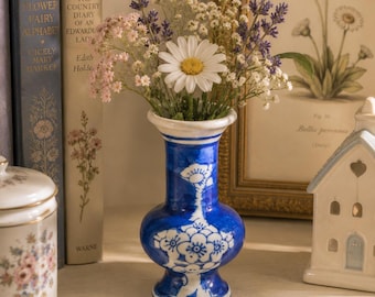 Vintage Blue & White Bud Vase | Mini Porcelain Floral Vase | Cottagecore Decor | Chinoiserie Accent | 4” Tall