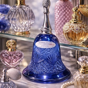 May include: A collection of ornate perfume bottles in various shapes and colors. A cobalt blue bell-shaped bottle with a silver-colored pineapple-shaped stopper is in the foreground. Other bottles are clear, pink, and gold, with intricate designs. The bottles are displayed on a glass shelf.