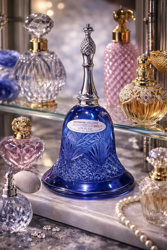 Vintage Avon Moonwind Cologne Bottle Blue Glass Bell 7” | Cobalt Cut Glass Perfume Bottle | Vanity Decor Collectible