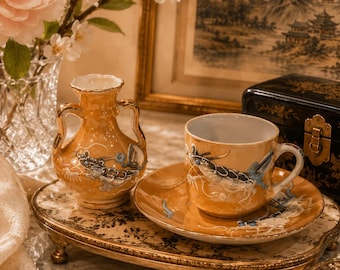 Vintage Japanese Dragonware Miniature Vase & Teacup Set | Hand-Painted Moriage Dragon | Lusterware Decor | Cottagecore | Asian Collectibles
