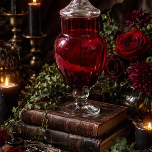 May include: A large, clear glass apothecary jar filled with a deep red liquid, topped with a glass lid. The jar sits atop a stack of antique books, surrounded by red roses, candles, and ivy, creating a gothic, vintage aesthetic.