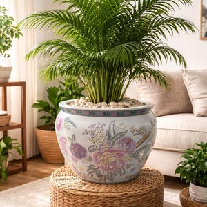 Large Chinoiserie Jardinière Planter | Fish Bowl Porcelain Planter | Hand-Painted Floral Cachepot | Grandmillennial Botanical Decor | 13x10