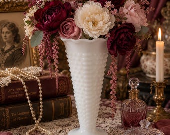 Vintage White Milk Glass Hobnail Vase | Tall Scalloped Bud Vase | Cottage Core, French Country & Romantic Cottage Decor | 9.5” Vase