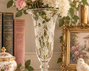 Vintage Heisey Rose 6 5/8” Flower Vase | Etched Rose Crystal Vase | Heisey Glass Co Floral Vase | Romantic Vintage Decor