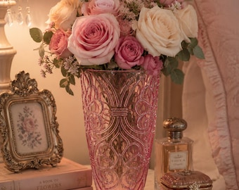 Pink Pressed Glass Vase | Romantic Floral Vase | Ornate Pink Glass Decor | Cottagecore Flower Vase | 8.5 Inch Vase