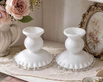 Vintage Fenton Silver Crest Glass Candlestick Holders Pair | White Ruffled Glass Candle Holders | Romantic Cottage Vanity Decor