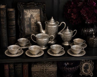 Vintage Miniature Pewter Tea Set |  Dollhouse Tea Service | Mini Coffee Pot, Sugar Bowl, Creamer & 6 Cups with Saucers |