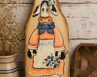 Hand Painted Folk Art Cow Wall Plaque on Wooden Bread Board | Signed Mary Stinn | Farmhouse Kitchen Wall Decor | Rustic Country Cottage