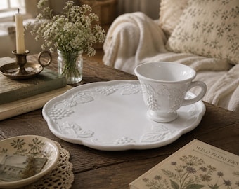 Vintage Indiana Glass Milk Glass Snack Set / Grape Harvest Tray & Pedestal Cup Set / Cottagecore Tea Party Decor