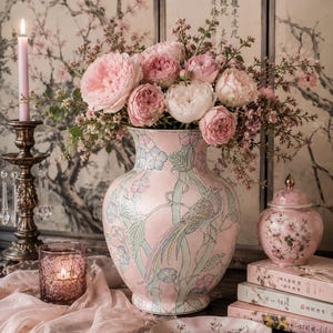 May include: A large, light pink ceramic vase featuring a painted bird and floral motif, filled with a bouquet of pink and white garden roses. The vase sits on a dark surface alongside a small lidded jar, a shallow dish, and a lit candle.