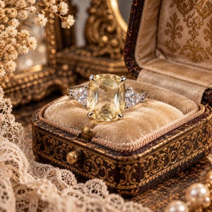 May include: A silver ring featuring a large, cushion-cut yellow gemstone at the center, flanked by two smaller, triangular-cut clear stones on each side, all set in a polished metal band resting inside a velvet-lined jewelry box.
