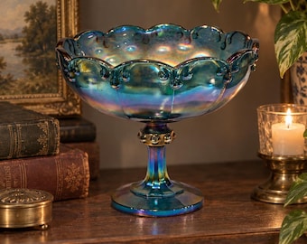 Vintage Indiana Glass Iridescent Blue Pedestal Bowl | Large Carnival Glass Compote | Footed Display Dish