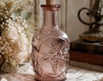 Vintage Pink Embossed Glass Decanter Bottle with Grapevine Motif & Cork | Cottagecore, Romantic Parlor, French Country Decor