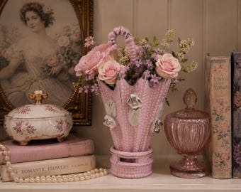 Vintage Pink Umbrella Vase | Blush Ceramic Floral Vase | Vanity Makeup Brush Holder | Cottagecore Decor | Romantic Shelf Accent | Unmarked V
