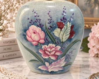 Vintage Made in Japan Crackle Glaze Floral Vase | Hand Painted Pink & Burgundy Flowers | Blue Gray Ceramic Vase | Romantic Cottage Decor