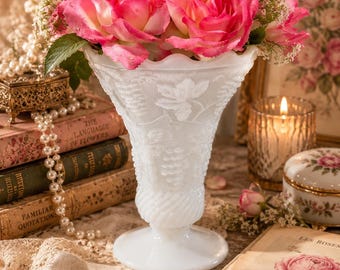 Vintage Anchor Hocking Milk Glass Grape Vase | Pedestal Milk Glass Vase | Cottagecore Farmhouse Decor | 6” White Milk Glass Floral Vase