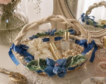 Signed Handmade Ceramic Woven Basket with Blue Floral Accents | Studio Pottery | Cottagecore Decor | French Country Basket | Vanity Decor
