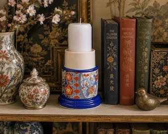 Vintage Asian Inspired Ceramic Pillar Candle Holder | Blue & White Floral Bird Motif | Chinoiserie Style Decor | 4.5” Tall