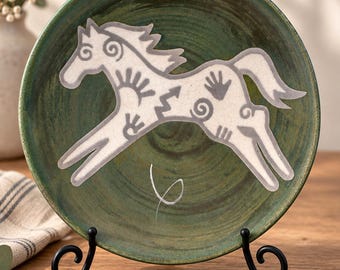 Jeremy Diller Raku Pottery Horse Plate | Signed Southwestern Ceramic Wall Art | Earth & Fire Studio Pottery | 8 Inch Decorative Plate