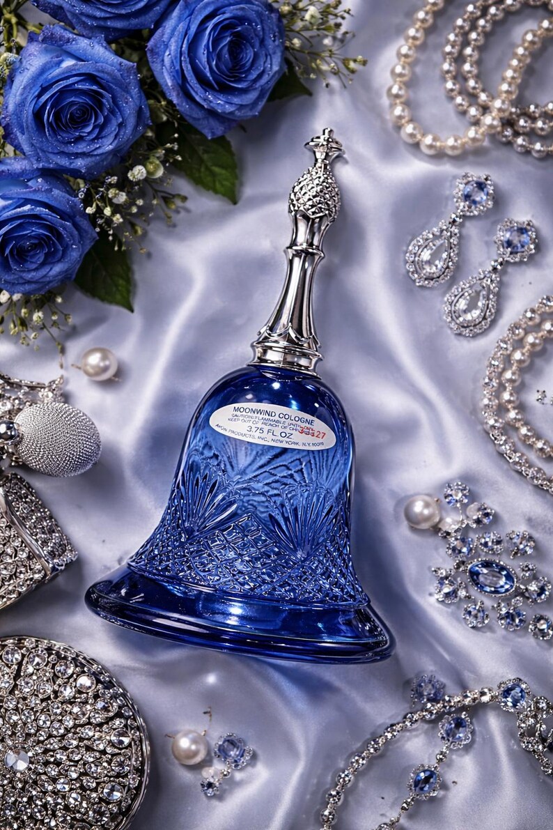 May include: A cobalt blue bell-shaped cologne bottle with a silver handle and a pineapple-shaped stopper. The bottle is surrounded by blue roses, jewelry, and pearls. The label reads "Moonwind Cologne 3.75 FL OZ".