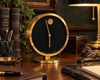 Vintage Howard Miller Museum Clock Nathan George Horwitt Brass Black Desk Clock West Germany MCM