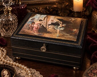 Vintage Black Jewelry Box with Ballerina Scene | Satin Lined Trinket Box | Victorian Vanity Decor | Romantic Vintage Storage