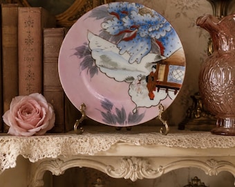 Vintage Hand-Painted Asian Decorative Plate | 7” Pink Porcelain Accent Plate | Romantic Chinoiserie Decor | Vanity Tray |