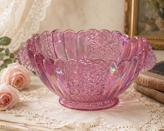 Large Vintage Fenton Pink Iridescent Carnival Glass Bowl | Daisy & Button Pattern | Dusty Rose Glass Centerpiece | 11” Handled Bowl