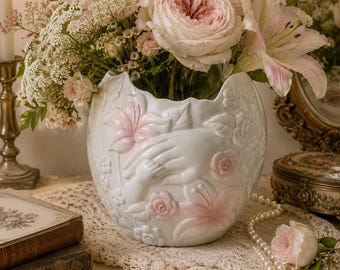 Vintage Mother & Child Ceramic Planter Vase | Pink Floral Nursery Decor | New Baby Gift | Hand Relief Pottery Cachepot | Cottagecore Flower