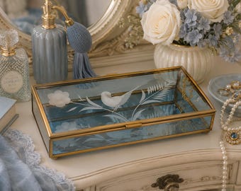 Vintage Blue Glass Jewelry Box with Brass Trim | Etched Bird & Floral Design | Vanity Storage | Trinket Box | Romantic Cottage Decor