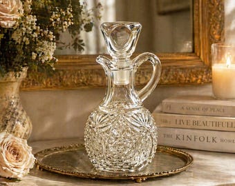Vintage Cut Glass Cruet Bottle with Stopper, 6.5”, Elegant Pressed Glass Decanter, Vanity Bottle, Cottagecore Decor