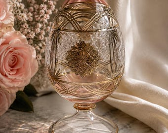 Vintage Pink & Gold Cut Crystal Egg on Pedestal | 7” Decorative Glass Egg | Ornate Victorian Style Art Glass