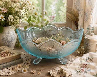 Vintage Jeanette Glass Aqua Blue Footed Serving Bowl | 10.5” Scalloped Glass Centerpiece | Elegant Cottage & Victorian Decor
