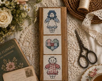 Vintage Handmade Cross Stitch Wall Hanging | Cottagecore Folk Art Decor | Framed Needlepoint Panel | Rustic Country Wall Art | 8 x 3 Inches