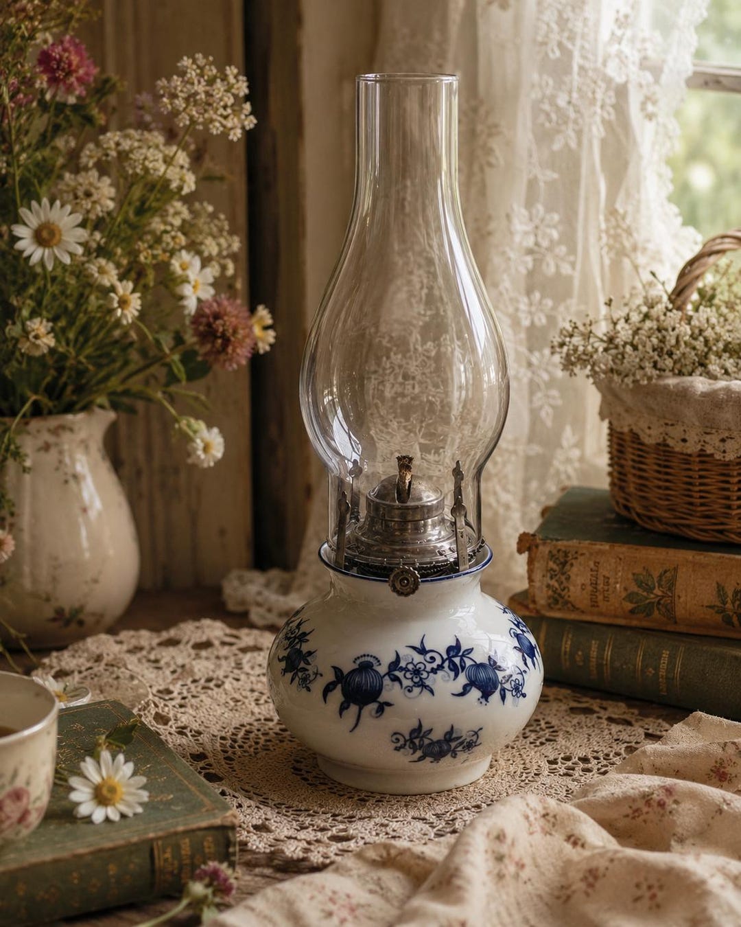 Vintage Blue & White Oil Lamp – Lamplight Farms – Cottagecore Farmhouse Decor – Floral Hurricane Lamp – Vintage Shelf Display – 13.5”