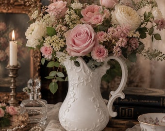 Vintage White Embossed Ceramic Pitcher Vase | Ornate Cottagecore Farmhouse Decor | Romantic Floral Vase | Shabby Chic Mantel Accent