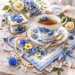May include: A vintage tea set with a floral design. The set includes a teacup, saucer, and a small jewelry box, all adorned with blue roses. A gold spoon rests on the saucer, and a pearl necklace is draped nearby. The scene is set on a white lace doily.